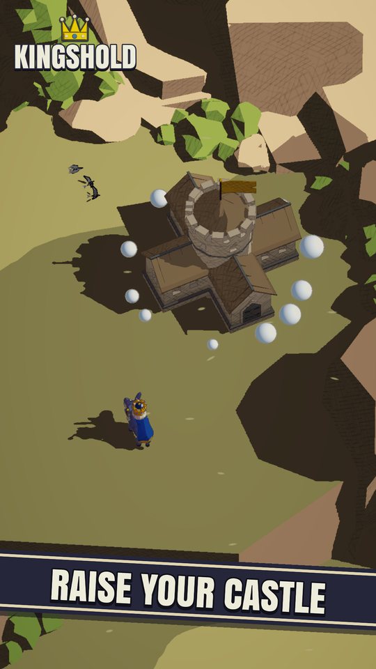 Raise your castle: the keep lands in a ring of dust while the King watches.