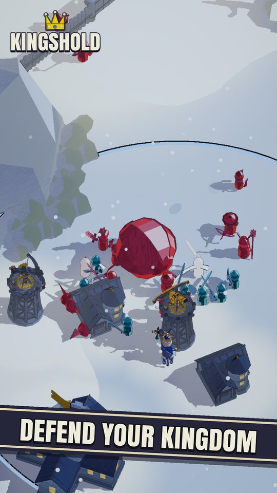 Defend your kingdom: the King, his soldiers and crossbow towers hold the line against a horde in the snow.