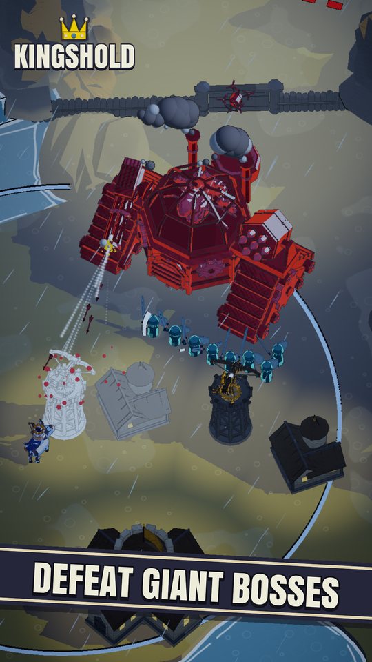 Defeat giant bosses: the Cogmind, a red war machine, fires its gatling at the town in a storm.