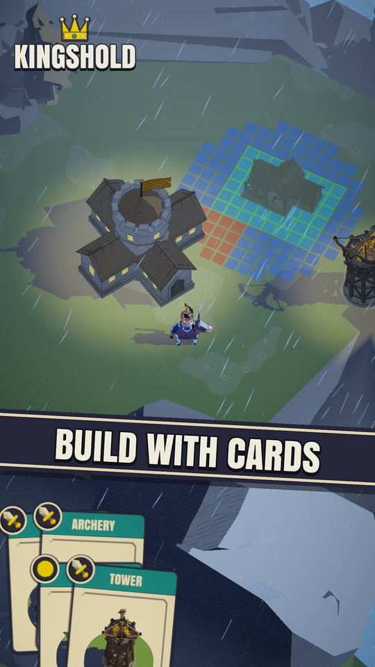 Build with cards: a building card dragged onto the field, its outline shown beside the keep in the rain.
